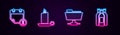 Set line Calendar and clock, Burning candle in candlestick, FTP folder and Bottles of wine. Glowing neon icon. Vector Royalty Free Stock Photo