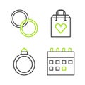 Set line Calendar, Diamond engagement ring, Shopping bag with heart and Wedding rings icon. Vector Royalty Free Stock Photo