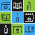 Set line Calendar with Easter egg, Bottle of wine and Holy bible book icon. Vector
