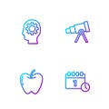 Set line Calendar first september date, Apple, Head with gear inside and Telescope. Gradient color icons. Vector