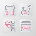 Set line Calendar fitness, Smart watch with heart, Stationary bicycle and Headphones icon. Vector