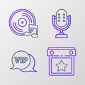 Set line Calendar party, Vip in speech bubble, Microphone and Vinyl disk icon. Vector