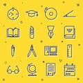 Set line Calendar, Ruler, Book, Ringing alarm bell, Stationery knife, Open book, Clock and Fountain nib icon. Vector