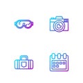 Set line Calendar, Suitcase, Ski goggles and Photo camera. Gradient color icons. Vector