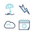 Set line Calendar and sun, Cloud, Lightning bolt and Sun protective umbrella for beach icon. Vector