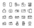 Set of Line Camera Icons on White Background. Smartphones, Action, Digital and Film Photo cameras Legendary Brands. Royalty Free Stock Photo