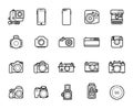 Set of Line Camera Icons on White Background. Smartphones, Action, Digital and Film Photo cameras Legendary Brands. Royalty Free Stock Photo