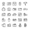 Set of Line Camera Icons on White Background. Smartphones, Action, Digital and Film Photo cameras Legendary Brands. Royalty Free Stock Photo