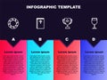 Set line Camera shutter, Holy bible book, Trophy cup and Wine glass. Business infographic template. Vector