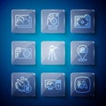 Set line Camera timer, Photo retouching, Auto flash, camera, Tripod, frame and icon. Vector Royalty Free Stock Photo