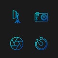 Set line Camera timer, shutter, Softbox light and Photo camera. Gradient color icons. Vector Royalty Free Stock Photo