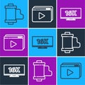 Set line Camera vintage film roll cartridge, Screen tv with 16k and Online play video icon. Vector Royalty Free Stock Photo