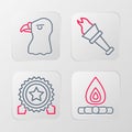 Set line Campfire, Medal with star, Torch flame and Eagle head icon. Vector Royalty Free Stock Photo