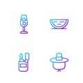 Set line Camping hat, Lighter, Wine glass and Watermelon. Gradient color icons. Vector Royalty Free Stock Photo