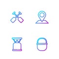Set line Camping pot, gas stove, Paddle and Location. Gradient color icons. Vector