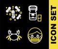 Set line Can container for milk, Face protective mask, Crab and Bacteria icon. Vector