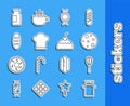 Set line Can container for milk, Kitchen whisk, Cookie biscuit, Candy, Chef hat, Bread loaf, Bottle with and Cake icon Royalty Free Stock Photo