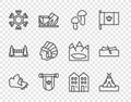 Set line Canada map, Indian teepee or wigwam, Mushroom, Pennant, Snowflake, Native American, House and Kayak canoe icon Royalty Free Stock Photo