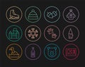 Set line Canadian dollar, Wooden log, Acorn, Snowflake, Chateau Frontenac hotel, Skates, Paw print and Beanie icon Royalty Free Stock Photo