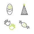 Set line Candy, Baby hands print, Party hat and Newborn baby infant swaddled icon. Vector