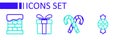 Set line Candy, cane with stripes, Gift box and Christmas chimney icon. Vector