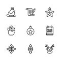 Set line Candy, Christmas day calendar, Reindeer, ball, star, santa claus sleigh, Envelope and snowman icon. Vector Royalty Free Stock Photo