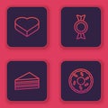Set line Candy in heart shaped box, Cake, and Donut. Blue square button. Vector