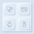 Set line Candy in heart shaped box, Dating app online, Bottle with love potion and Heart tag. White square button Royalty Free Stock Photo