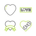 Set line Candy in heart shaped box, Heart, Love text and icon. Vector