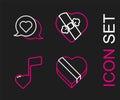 Set line Candy in heart shaped box, Music note, tone with hearts, and Heart speech bubble icon. Vector
