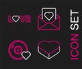 Set line Candy in heart shaped box, Romantic music, Envelope with and Love text icon. Vector
