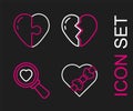 Set line Candy in heart shaped box, Search love, Broken and Heart icon. Vector Royalty Free Stock Photo