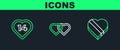 Set line Candy in heart shaped box, Heart and Two Linked Hearts icon. Vector