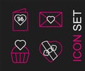 Set line Candy in heart shaped box, Wedding cake with, Envelope Valentine and Valentines day flyer icon. Vector