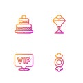 Set line Candy, Location Vip, Cake and Ice cream in bowl. Gradient color icons. Vector