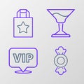 Set line Candy, Location Vip, Cocktail and Paper shopping bag icon. Vector