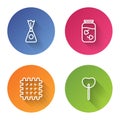 Set line Candy, Strawberry jam jar, Cracker biscuit and Lollipop. Color circle button. Vector