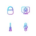 Set line Candy, Witches broom, Halloween witch cauldron and Pumpkin. Gradient color icons. Vector