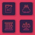 Set line Canister fuel, Prison window, Wallet and Scales of justice. Blue square button. Vector Royalty Free Stock Photo
