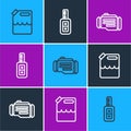 Set line Canister for gasoline, Check engine and Car key with remote icon. Vector