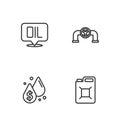 Set line Canister for gasoline, Oil drop with dollar symbol, Word oil and pipe valve icon. Vector