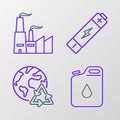 Set line Canister for gasoline, Planet earth and recycling, Battery and Factory icon. Vector