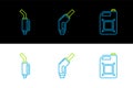 Set line Canister for gasoline, Gasoline pump nozzle and icon. Vector