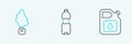 Set line Canister for gasoline, Tree and Bottle of water icon. Vector