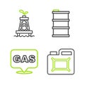 Set line Canister for motor oil, Location and gas station, Barrel and Oil rig icon. Vector