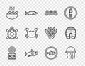 Set line Canned fish, Jellyfish, Sushi on cutting board, Shark, Fish soup, Crab, Served plate and steak icon. Vector