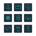 Set line Cannon, Location pirate, Pirate hook, flag, Ship steering wheel, Anchor and Sailor hat icon. Vector Royalty Free Stock Photo