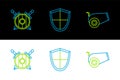 Set line Cannon, Wooden shield with crossed swords and Shield icon. Vector