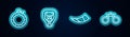 Set line Canteen water bottle, Bear head on shield, Hunting horn and Binoculars. Glowing neon icon. Vector