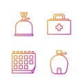 Set line Canteen water bottle, Calendar, Camping gas stove and First aid kit. Gradient color icons. Vector